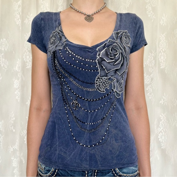Cyber Y2K Grunge Blue V-Neck T-Shirt - Picture 2 of 5
